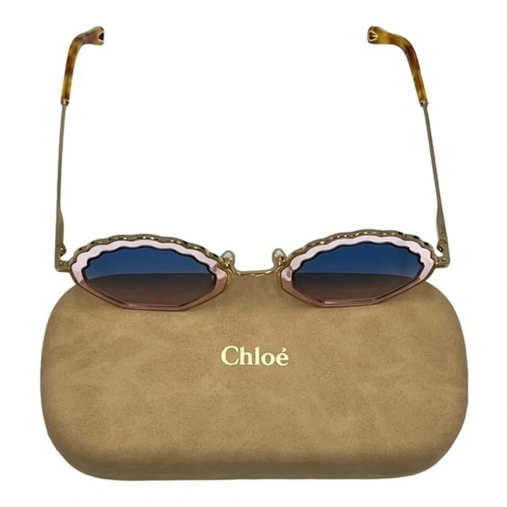 RARE Chloe Tally 56mm Scalloped Sunglasses Gold Pink Gradient Blue NWT